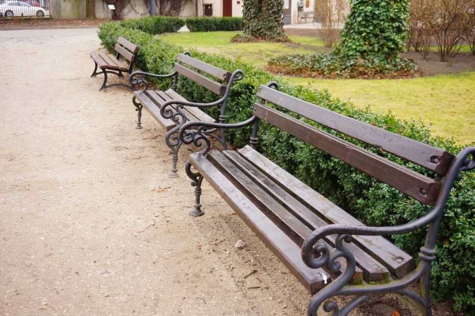 Imagem de bancos de madeira com estrutura de metal em um parque, mostrando um ambiente agradável e bem cuidado, ideal para relaxar ao ar livre.