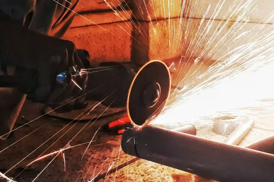 Imagem de uma pessoa utilizando umaesmerilhadeira para cortar um tubo de metal, com faíscas saindo durante o processo, ilustrando a aplicação de produtos industriais.