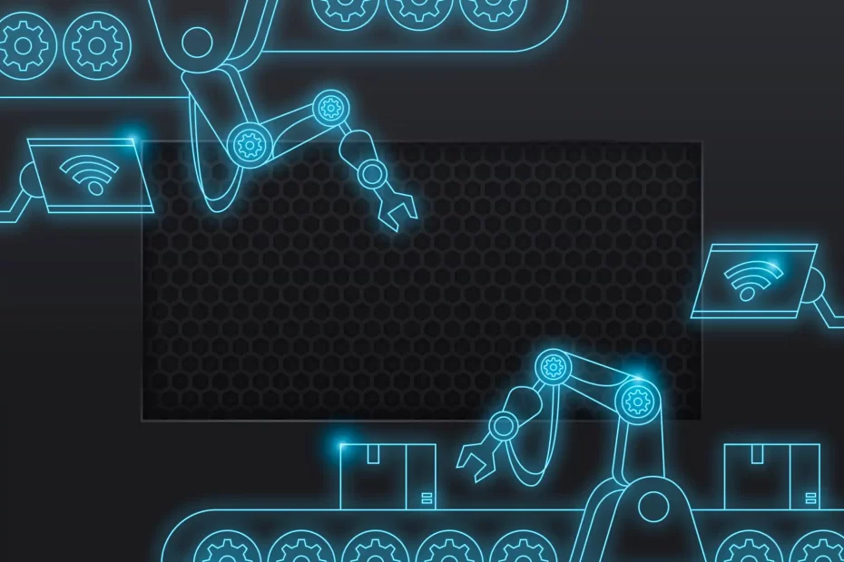 Ilustração digital sobre o futuro das profissões industriais na era da automação e inteligência artificial, destacando robôs e tecnologia avançada na automação industrial.